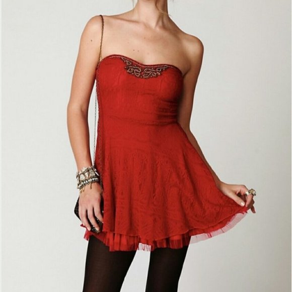 Free People Dresses & Skirts - Free People Fit & Flare Red Sweetheart Lace Dress